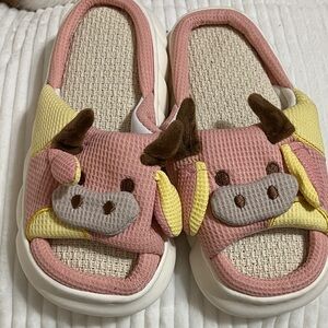 Pink and Yellow Open toe Cow Slippers